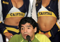 Lima, PERU: Argentinian former soccer legend Diego Armando Maradona gives a press conference at the Sheraton Hotel in Lima, May 04, 2025. Maradona is in Peru for an exhibiton match with Peruvian veteran soccer stars. AFP PHOTO/EITAN ABRAMOVICH